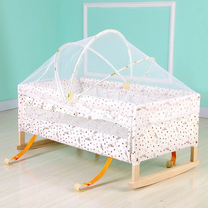giường trẻ em bằng gỗ nguyên tấm không sơn Nôi nhỏ ngủ sơ sinh B & có màn chống muỗi