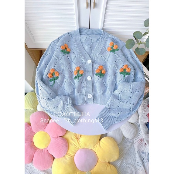 ÁO LEN CARDIGAN HOA NỔI MÀU HỒNG