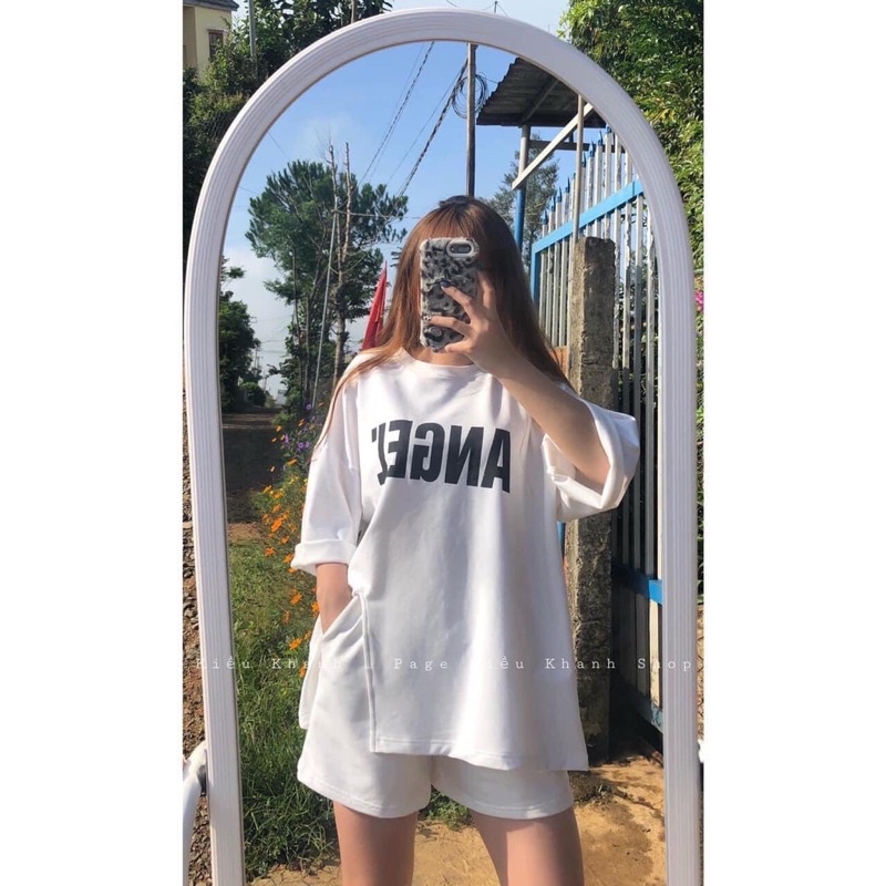 Bộ Đồ Mặc Nhà,sét đồ nữ mặc nhà ANGEL áo thun tay lỡ xẻ tà kèm quần short đùi dáng rộngt thể thao basic