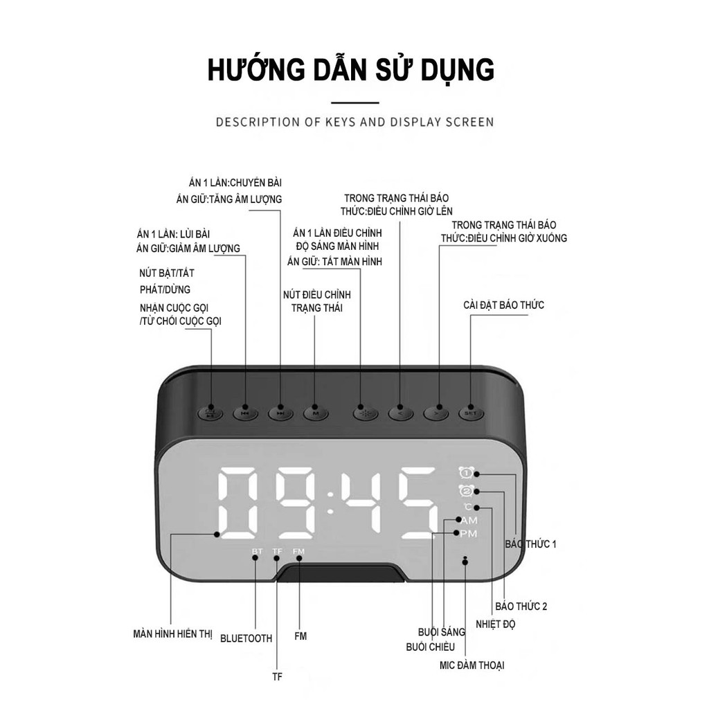 Loa bluetooth kiêm đồng hồ,mặt gương, tiện lợi mini, 2 đồng hồ báo thức, hiển thị nhiệt độ, dung lượng pin lớn, chất lượ