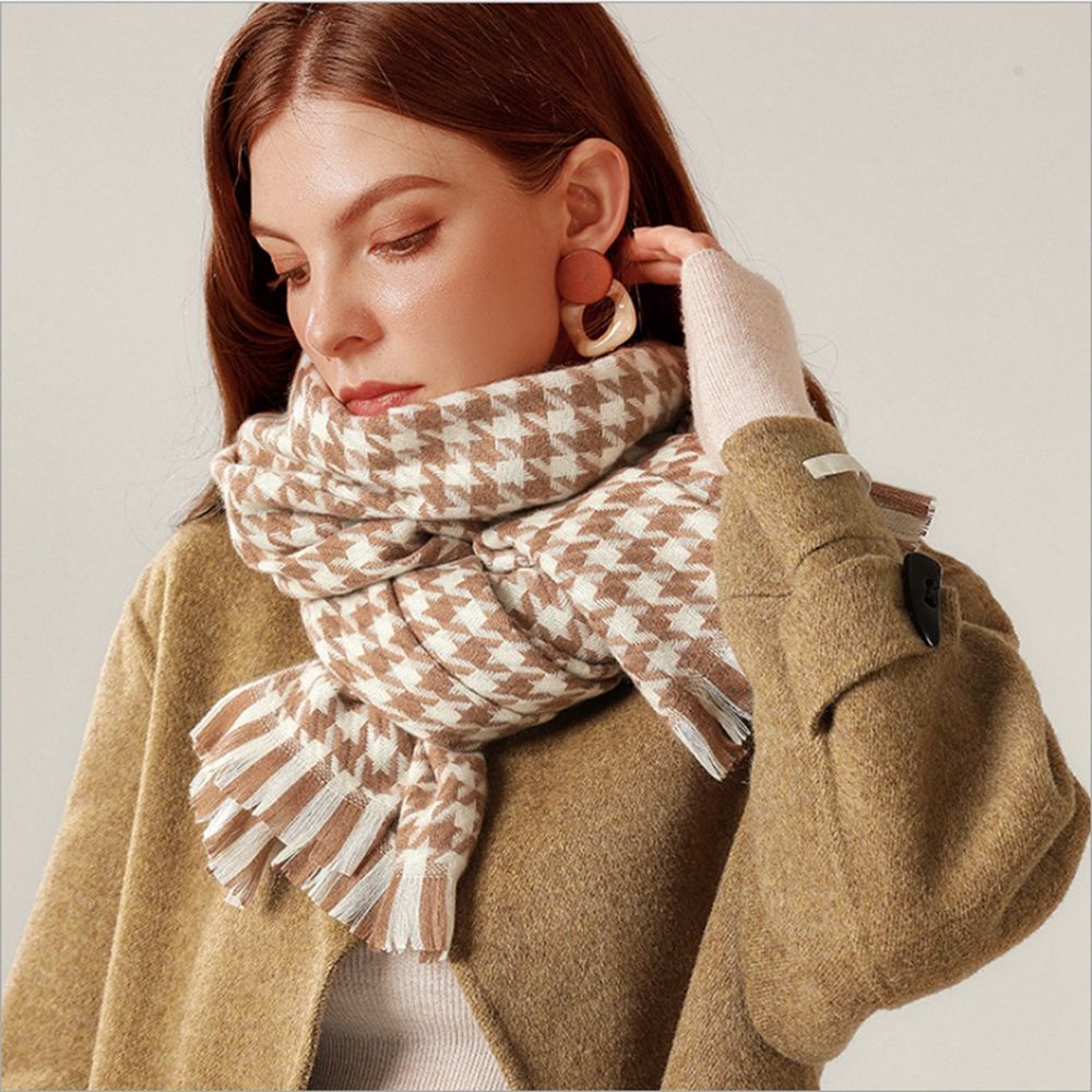 Khăn choàng cổ vải len cashmere in họa tiết răng sói kiểu Hàn Quốc retro thanh lịch cho nữ