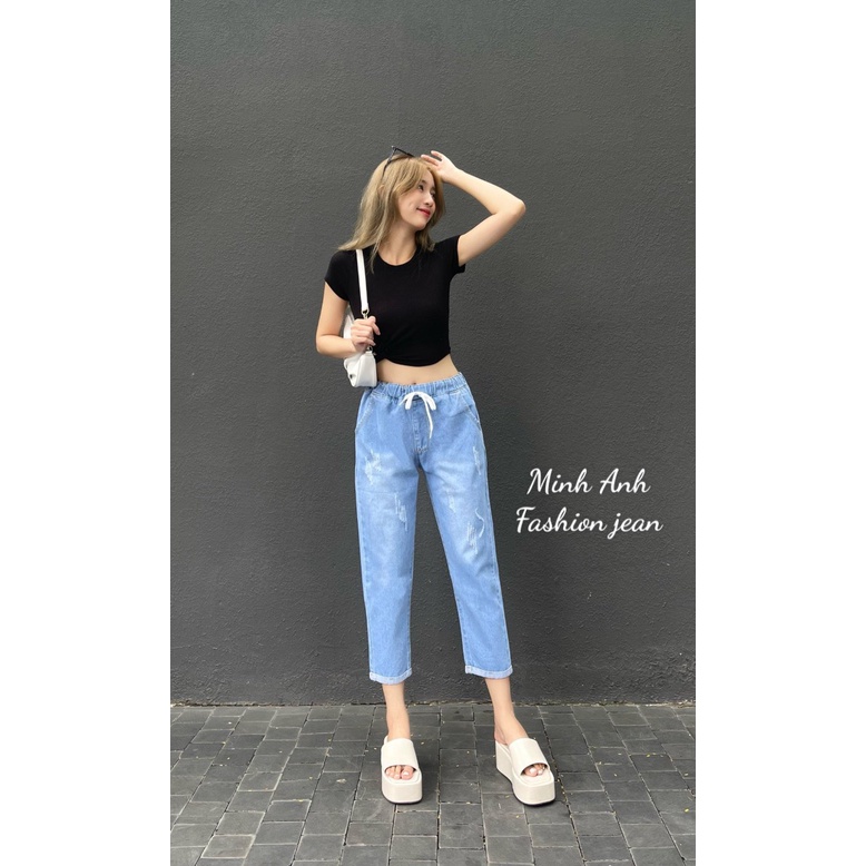 Quần Jean Baggy nữ cào xước xăn lai lưng thun baggic đơn giãn thoải mái