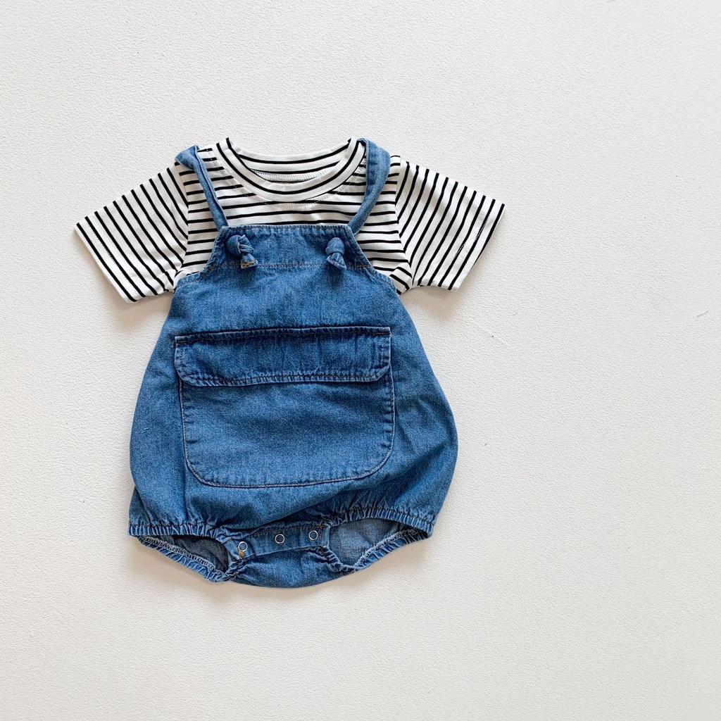 Bộ Áo Liền Quần Denim Tay Ngắn Hai Mảnh Phong Cách Mới Mùa Hè Cho Bé Gái