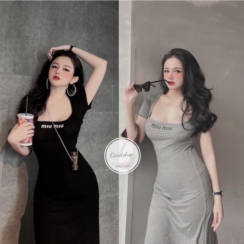Đầm body nữ cổ U viền chữ thêu - freesize dưới 55kg- Carotshop