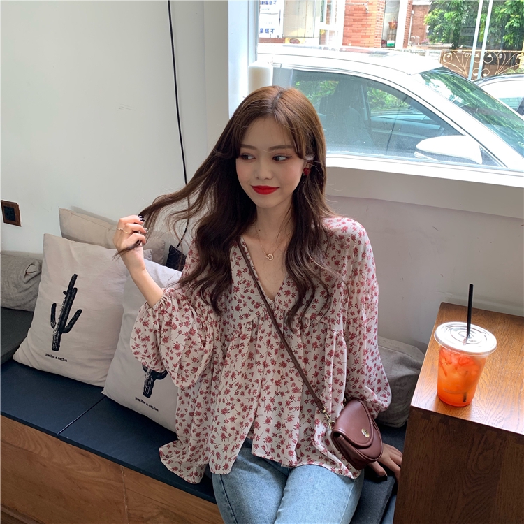 SUXI Áo sơ mi tay dài cổ chữ V hoạ tiết hoa phong cách Hàn Quốc