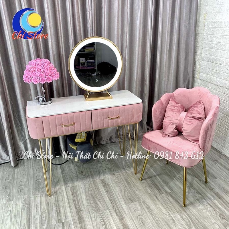 Bộ Bàn Trang Điểm Màu Hồng Baby Chân Màu Vàng Gold, Gương Cảm Ứng 2 Màu Sáng Siêu Xinh