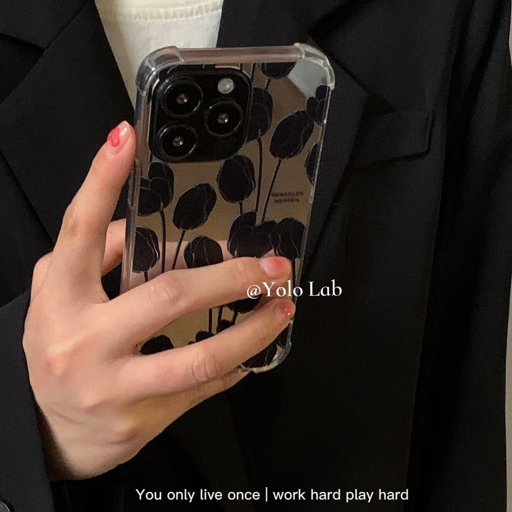 Ốp điện thoại mềm tráng gương họa tiết hoa tulip màu tối dành cho iPhone 11 12 13 Promax x xr