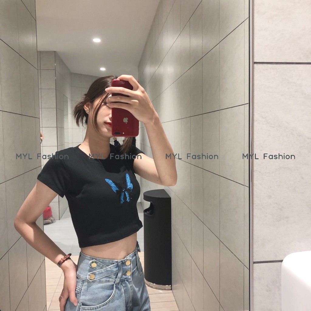 Áo croptop cộc tay, croptop thun gân tay ngắn thêu hình bướm, myl.fashion