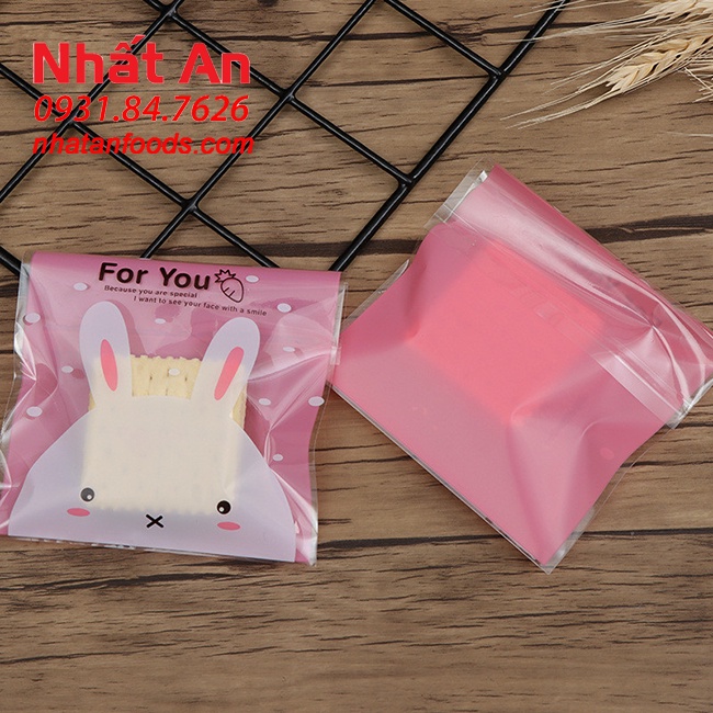 TÚI DÁN ĐỰNG BÁNH TRUNG THU/ COOKIES THỎ HỒNG 14X14CM - 100 CÁI