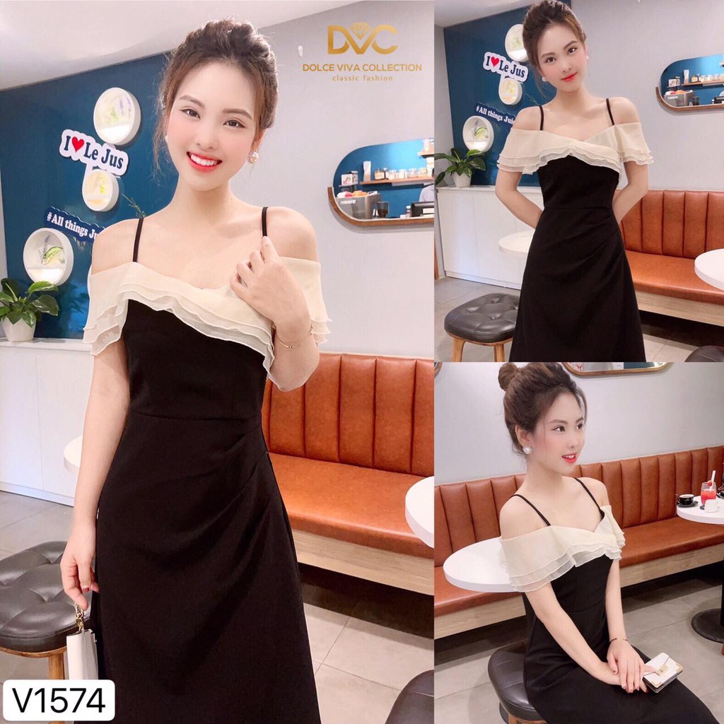 Váy đen trễ vai hai dây che bắp tay dấu bụng DVC - Maidieuhuyen V1574 MH | BigBuy360 - bigbuy360.vn