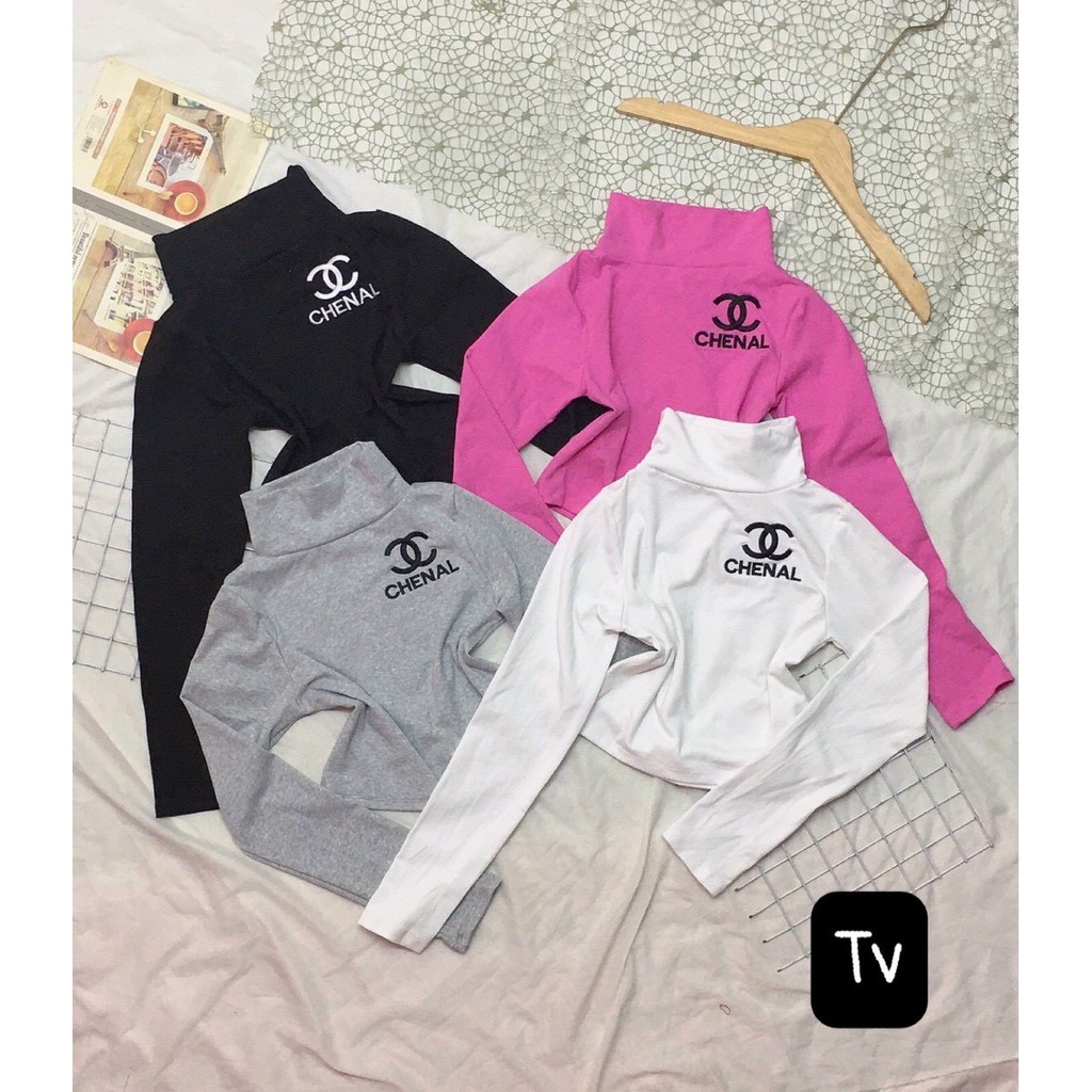 Áo kiểu croptop cổ lọ tay dài thêu logo chữ cực sang chảnh , chất thun bozip mềm mịn