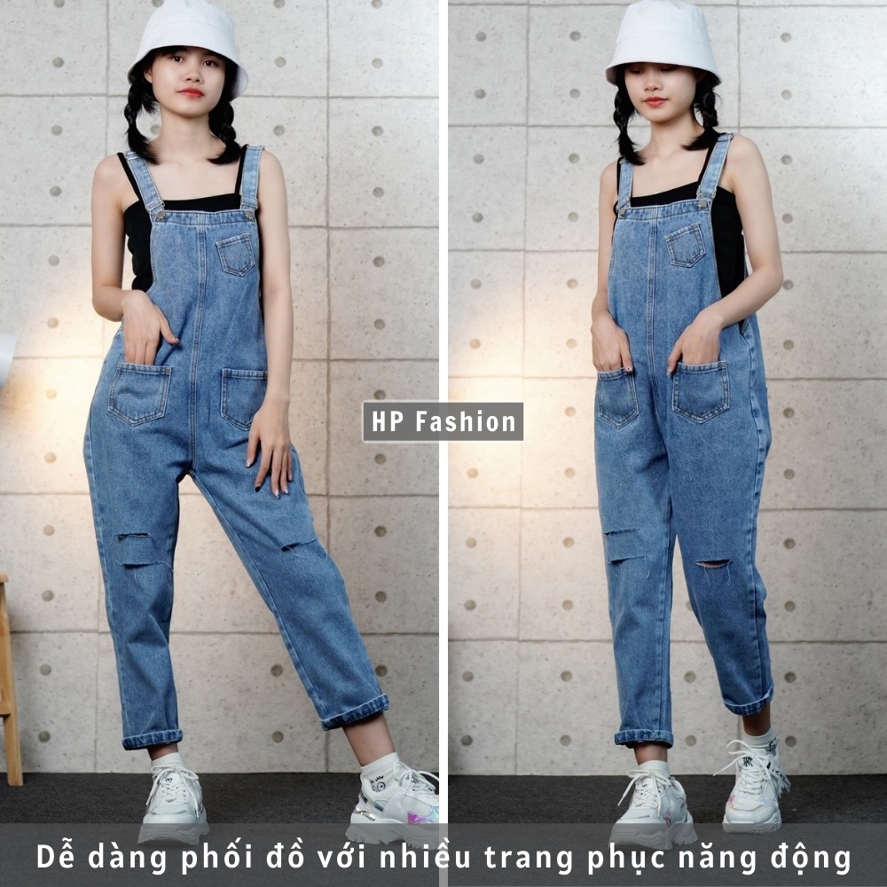 Quần yếm nữ ❤️ yếm jean dài rách dáng suông, phối túi cá tính phong cách Ulzzang QJ26