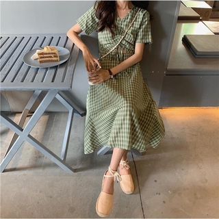 NEW Đầm Nữ Ngắn Tay Họa Tiết Caro Thời Trang Hàn Quốc