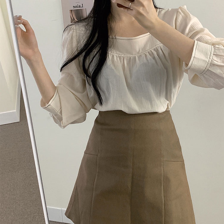 Áo Sơ Mi Tay Dài Cổ Vuông Màu Trơn Dáng Chữ A Thời Trang 49179