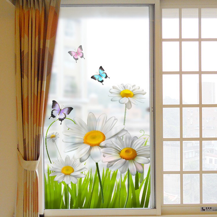 Decal dán kính cao cấp - Hoa Cúc Trắng và Bướm ( 60x116 )
