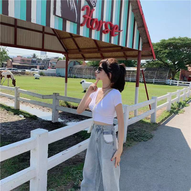 WANG JIAO ZHAN Áo croptop nữ cổ V tay ngắn thiết kế thời trang