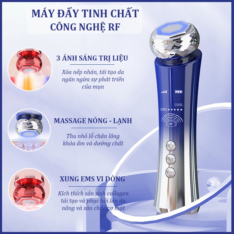 Máy mát xa mặt, Máy massage mặt đẩy tinh chất điện di nóng lạnh, công nghệ sóng rung RF nâng cơ, xóa mờ nếp nhăn