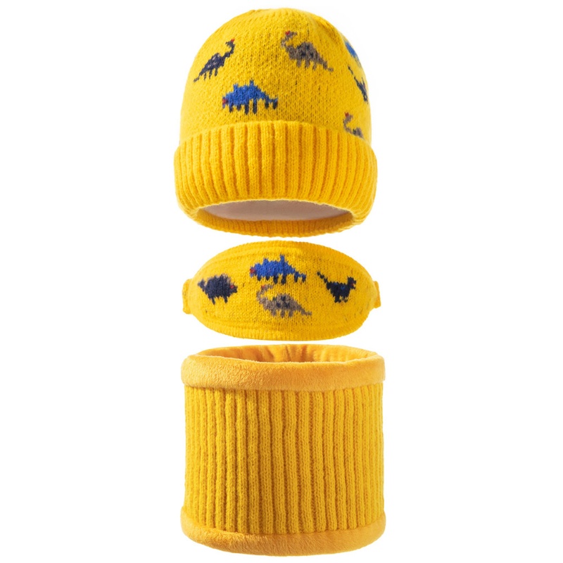 Bộ 3 Món Gồm Mũ beanie Dệt Kim Che Mặt Và Khăn Choàng Cổ Hình Khủng Long Giữ Ấm Mùa Đông Cho Bé