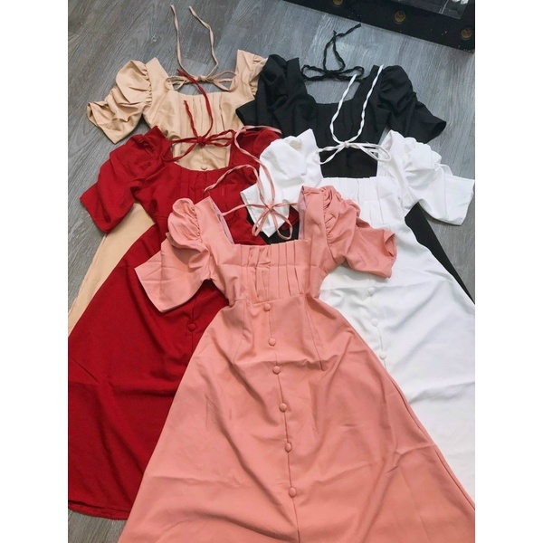 ĐẦM CỔ VUÔNG TAY PHỒNG CÚC BỌC FREESIZE