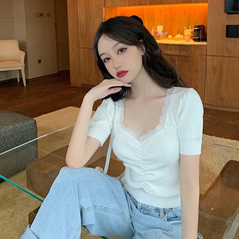 Áo Dệt Kim Màu Trơn Tay Phồng Cổ Viền Ren Phong Cách Hàn Quốc Nữ Tính | BigBuy360 - bigbuy360.vn