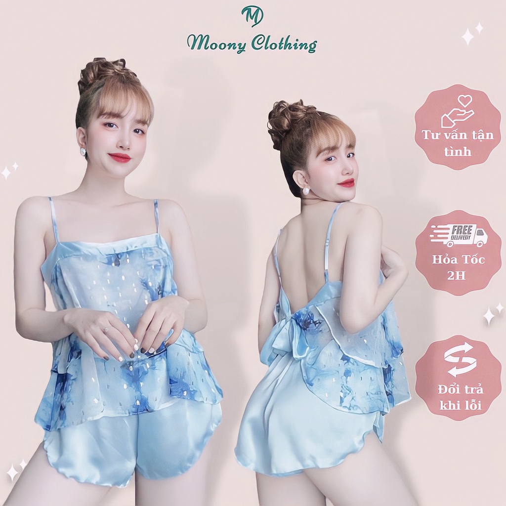 Set ngủ lụa chiffon buộc nơ lưng phối quần satin mặc nhà xinh xắn, quyến rũ Bộ đùi 9 màu siêu xinh Freesize dưới 55kg
