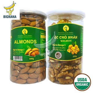 Combo Hạnh Nhân Mỹ Tách Vỏ Nguyên Vị 500gr, Nhân Hạt Óc Chó Vàng Mỹ Hộp 250gr