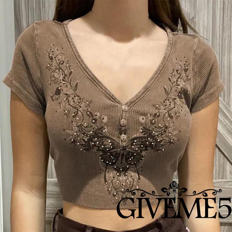 Áo croptop tay dài cổ chữ V in hình bướm thời trang cho nữ<br />
