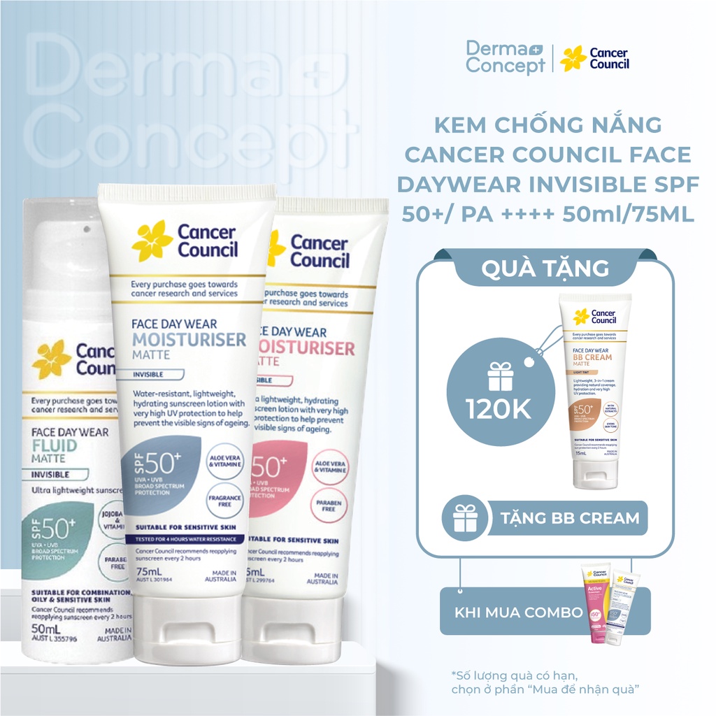 Kem chống nắng Cancer Council Face Day Wear Invisible SPF 50+/ PA ++++ dành cho da mặt hàng ngày
