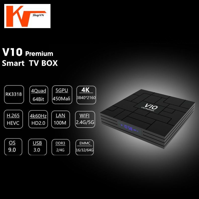 Android TV Box V10 Premium, Rom ATV9 tìm kiếm giọng nói, Ram 4GB, Bộ nhớ 32GB, Truyền hình bản quyền