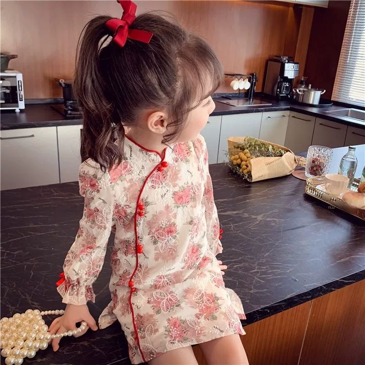 Đầm Sườn Xám Tay Dài Phong Cách Trung Hoa Xinh Xắn Cho Bé Gái One