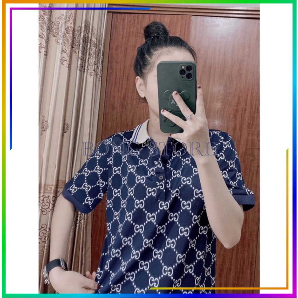 Áo polo nam nữ họa tiết GG ngắn tay cổ bẻ, Áo thun polo nam nữ from rộng