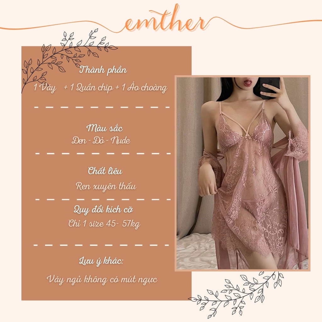 Váy ngủ sexy gợi cảm kèm áo choàng phối ren xuyên thấu Đầm hai dây mặc nhà quyến rũ cho nữ EMTHER - VN39 | BigBuy360 - bigbuy360.vn