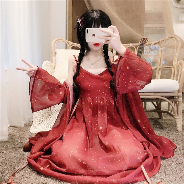 (Ord) có ảnh thật ,đỏ/đen/trắng, váy sao, set váy kèm áo, váy ulzzang