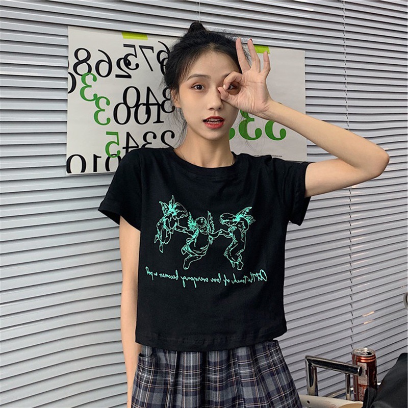 Áo Thun Croptop Cổ Tròn In Hình Thiên Thần Dễ Thương Cho Bạn Nữ