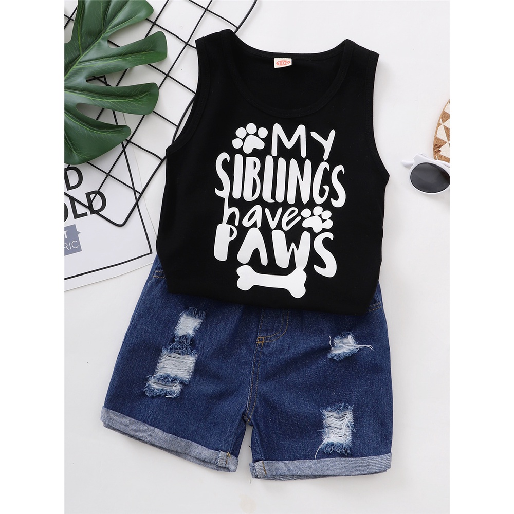 Set Đồ Mùa Hè 2 Món Gồm Áo Ba Lỗ In Chữ + Quần Denim In Họa Tiết Chữ Cho Bé Trai 1-6 Tuổi