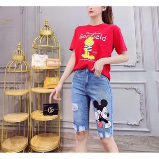 Quần short jean nữ,  quần sọt jean lửng ,quần ngố jean, in  hình chuột micky siêu xinh dễ thương (ảnh thật)