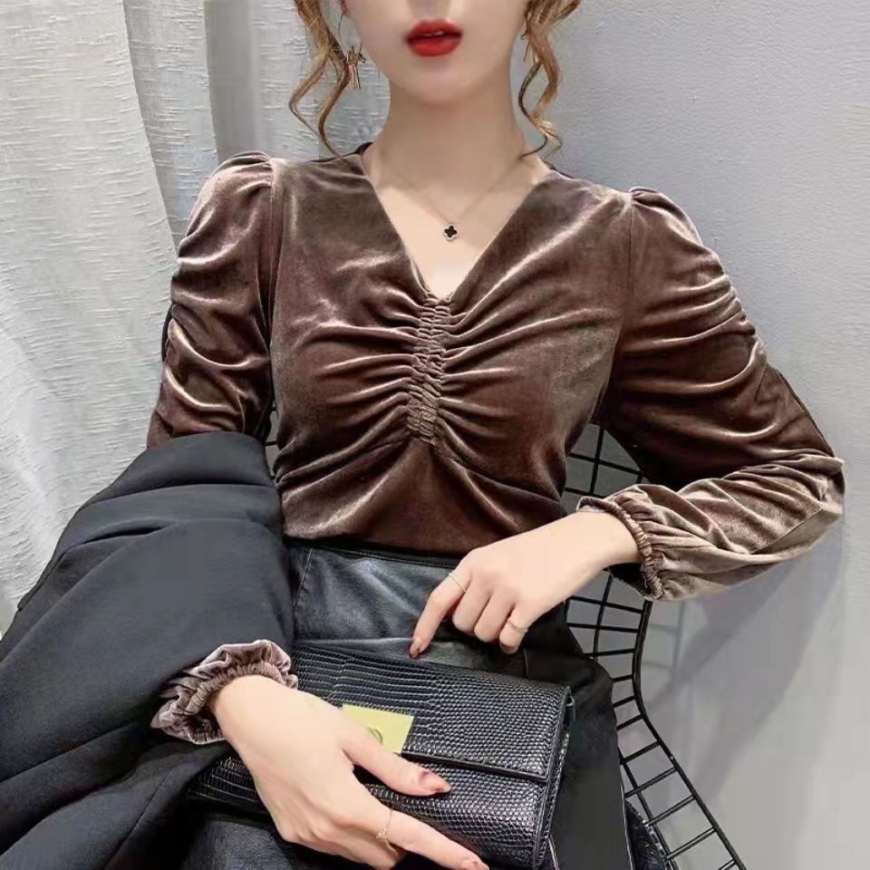 Áo Nhung Tay Dài Cổ Chữ V Form Rộng Phong Cách Phương Tây