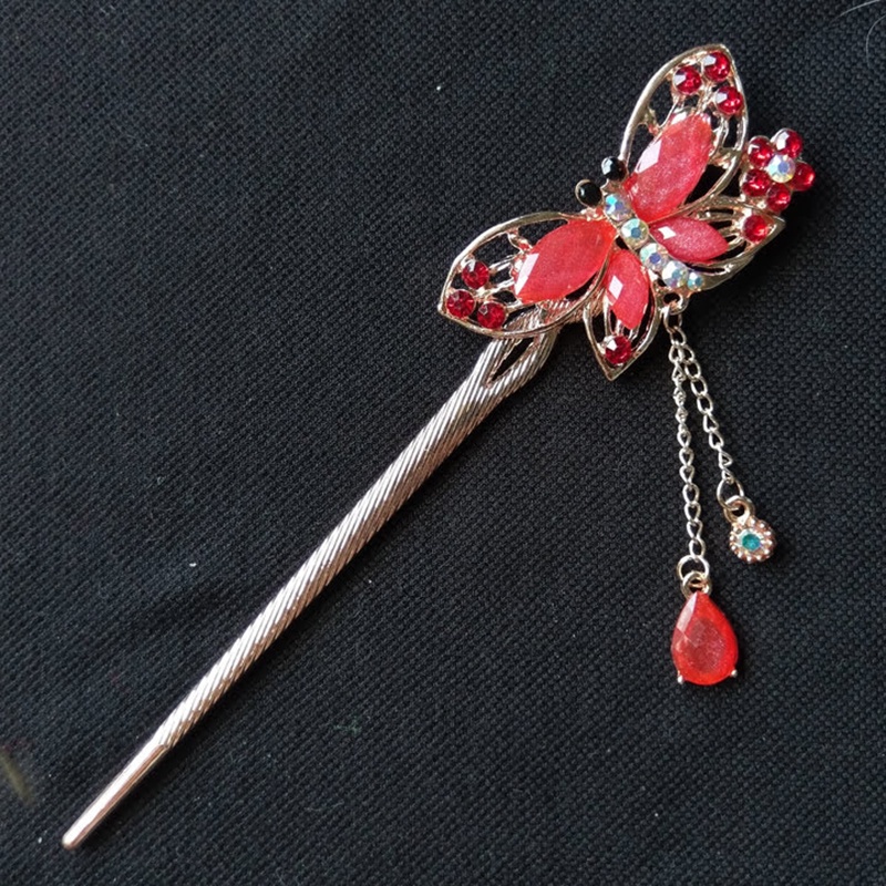 Trâm cài tóc đính đá họa tiết bươm bướm tua rua vintage