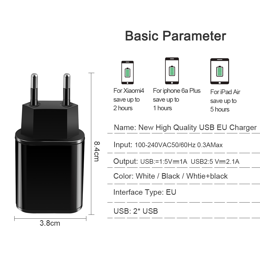 Củ Sạc Elough Thiết Kế 2 Cổng Usb 5v 2a Phích Cắm Eu