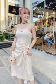 Đầm hai dây phi lụa rút tà