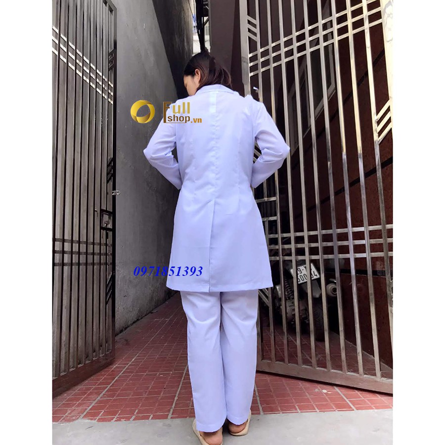 Bộ quần áo  blouse trắng nữ dáng dài chất Lon Nhật mát cho bác sĩ, dược sĩ
