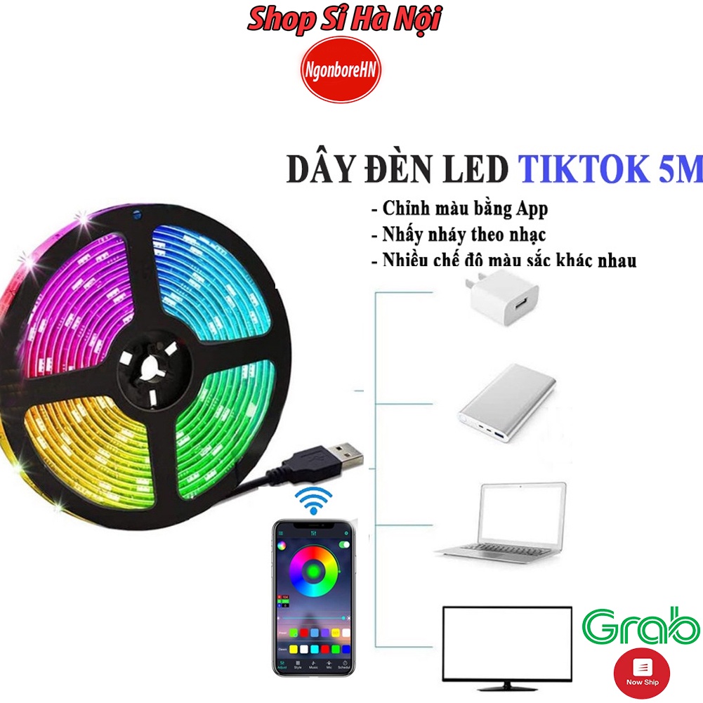 Đèn led trang trí, quay Tiktok 5m RGB 16 triệu màu điều khiển bằng App điện thoại, nháy theo nhạc, cuộn dây led đổi màu
