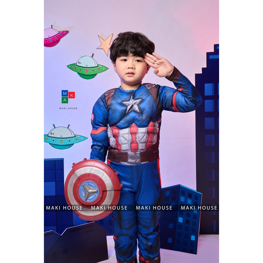 Quần áo người nhện siêu nhân trẻ em halloween hoá trang Maki combo Đội TRưởng Mỹ Captain đầy đủ phụ kiện