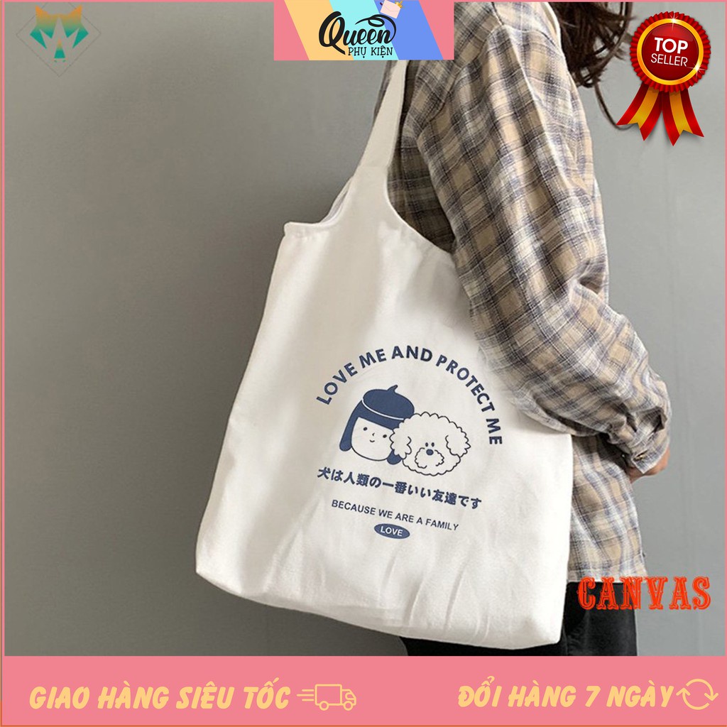 Túi Tote Trắng Vải Canvas Cao Cấp 1008 462 Love Me And Protect Me Thời Trang Mùa Hè Cực Hot