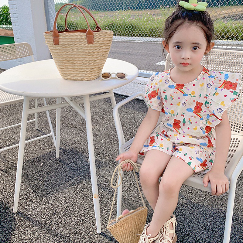 Hàng Mới Về Set Áo Thun Ngắn Tay In Hình Hoạt Hình + Quần Short Thời Trang Cho Bé Gái