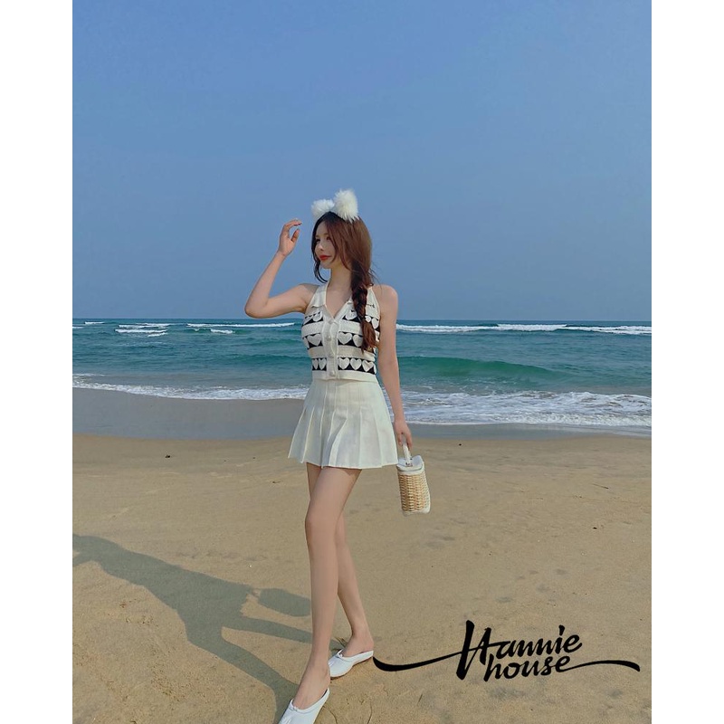 Áo dệt kim nữ sát nách cổ bẻ tiết trái tim gợi cảm thời trang