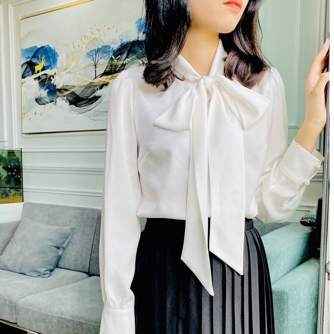 Sơ mi công sở - Thương hiệu NXD - SM01 áo dài tay cổ buộc nơ