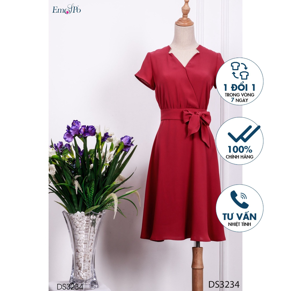 Đầm xòe Emspo tay cộc, cổ tàu cách điệu DS3234