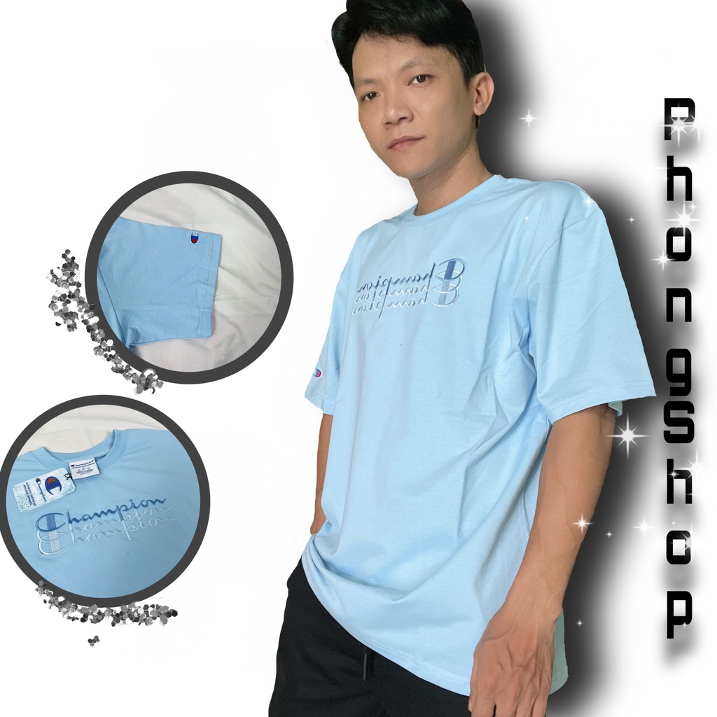 Áo thun Champion Logo thêu 3 line, Áo thun Unisex tay lỡ nam nữ Form rộng Oversize chất Cotton | BigBuy360 - bigbuy360.vn