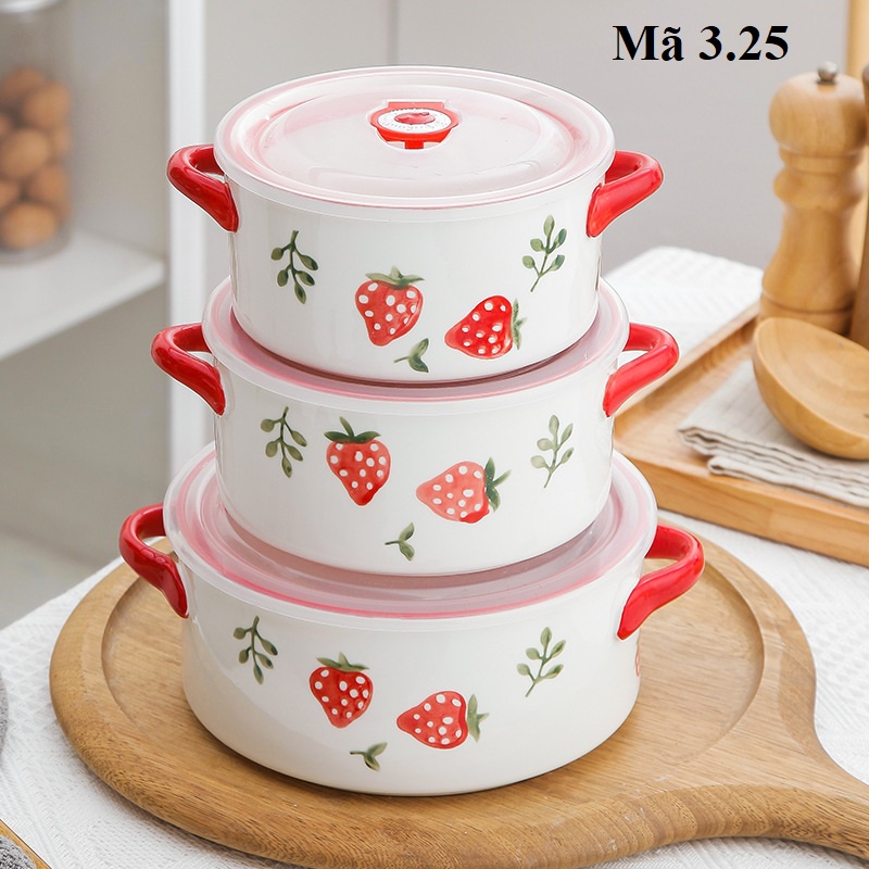 Bát đĩa sứ họa tiết dâu tây đỏ, phụ kiện bàn ăn bằng sứ vẽ tay 3.25